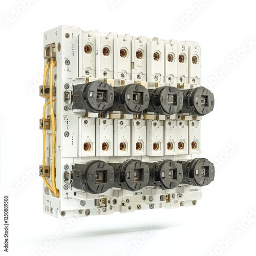 Industrial circuit breaker panel with multiple switches and wiring connections for electrical systems photo