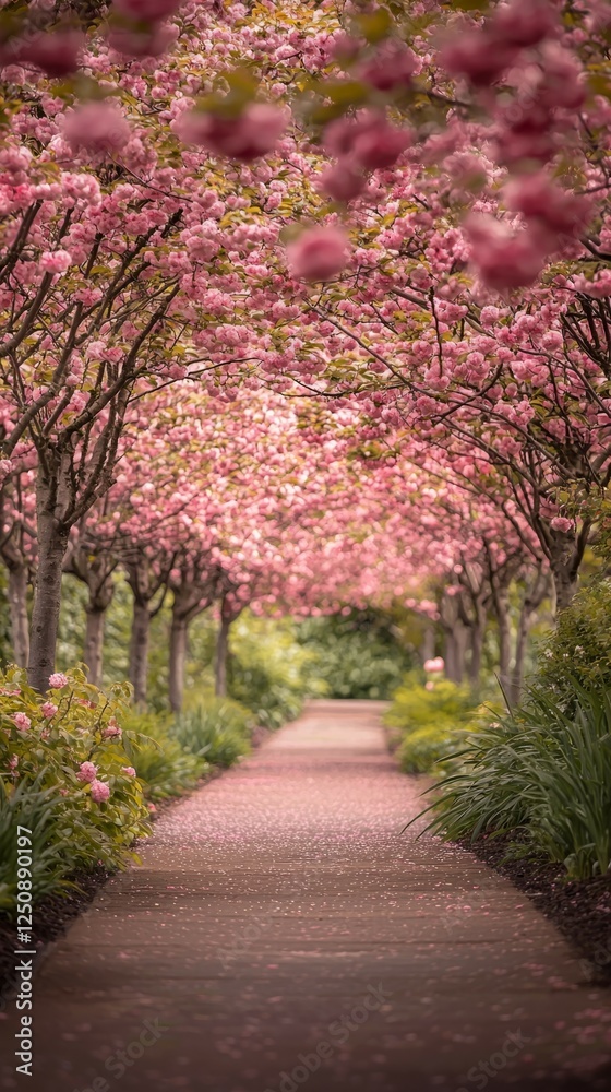 Serene Pathway Beneath Vibrant Cherry Blossom Canopy in Spring Serene Pathway Beneath Vibrant Cherry Blossom Canopy in Spring