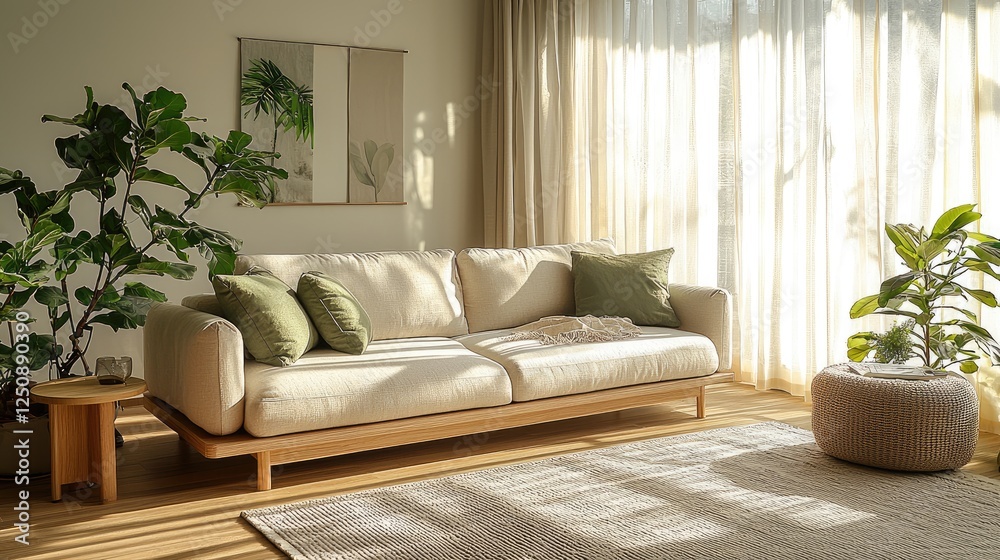 Sunlit Living Room with Beige Sofa and Plants Sunlit Living Room with Beige Sofa and Plants