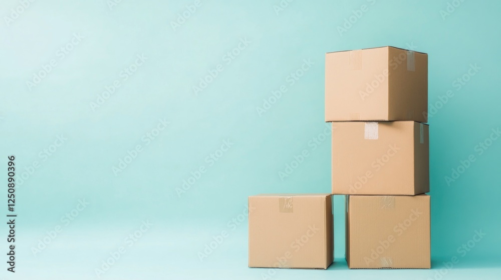 Obraz premium Stacked cardboard boxes on blue background (1)
