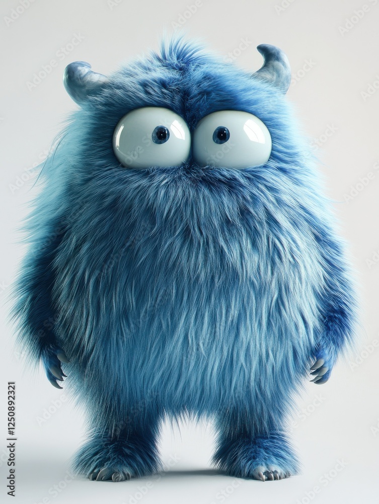 Fototapeta premium Cute blue furry monster 3D cartoon character.