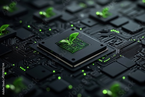 Glowing green microchip on a futuristic black circuit board representing sustainable technology and innovation in the field of electronics and computer hardware