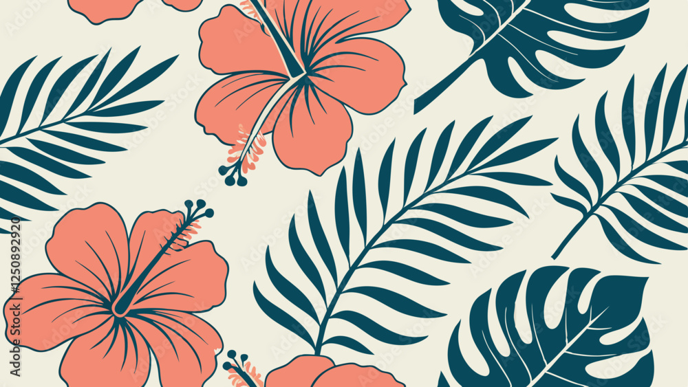 Fototapeta premium A bold tropical floral pattern with large hibiscus flowers, monstera leaves, and ferns