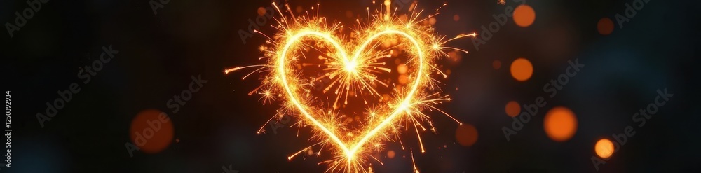 Fototapeta premium Burning gold heart sparkler, intense glow, vibrant sparks, celebratory, warm, special occasion