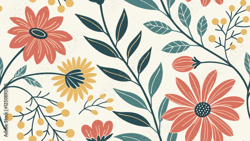 A vibrant bohemian floral pattern with colorful wildflowers, sunflowers, and leafy branches, arranged in a whimsical