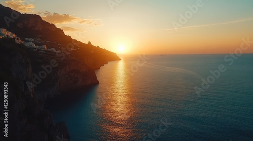 Sunset over Amalfi Coast lighting cliffs waters villages
