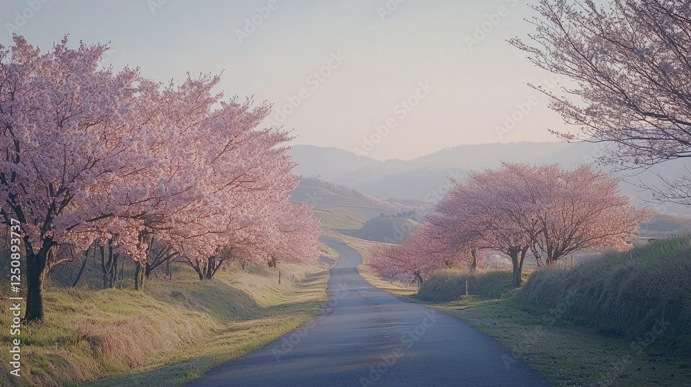 Serene Pathway Through Blossom Trees in Early Spring Light Serene Pathway Through Blossom Trees in Early Spring Light