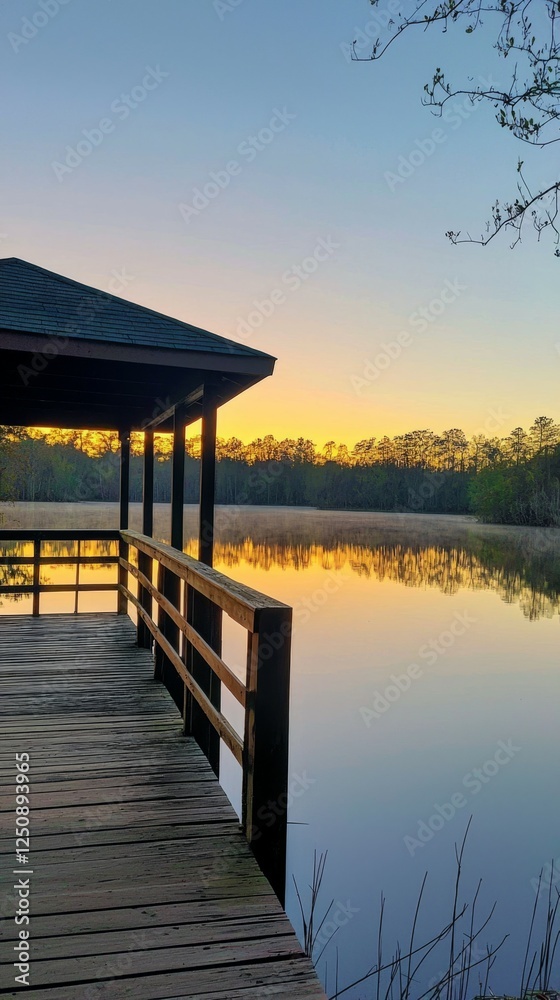 Serene Sunset Over Calm Waters at Lakeside Pavilion Retreat Serene Sunset Over Calm Waters at Lakeside Pavilion Retreat