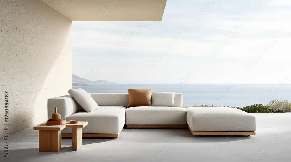 A modern, stylish outdoor lounge area with a sectional sofa and a small wooden table, set against a serene ocean view. A modern, stylish outdoor lounge area with a sectional sofa and a small wooden table, set against a serene ocean view.