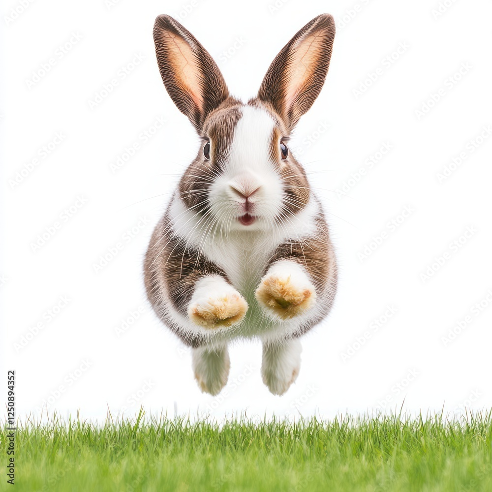 Fototapeta premium Jumping Brown and White Rabbit Over Green Grass with White Background