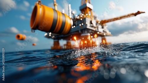 Offshore oil and gas drilling platform with glowing digital charts and data visualizations reflecting in the calm tranquil sea at night