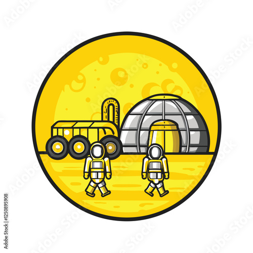 Create a minimalist vector illustration of a lunar base, featuring astronauts in simple, geometric shapes. Emphasize clean lines and a futuristic aesthetic.