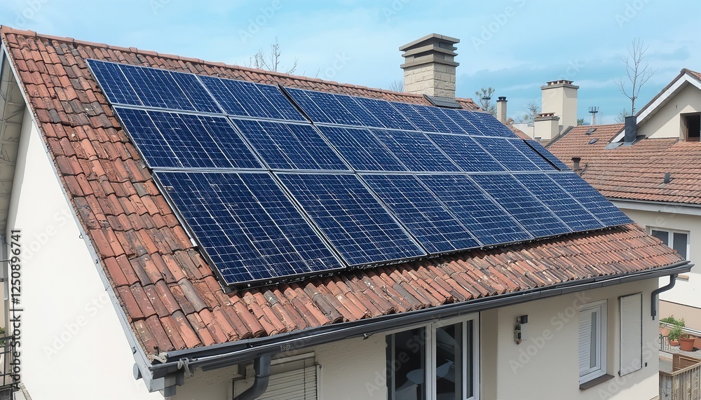 Residential Home Solar Panel Installation Rooftop Energy Sustainable Clean Power Alternative Technology Eco Friendly House Modern Building Solar Residential Home Solar Panel Installation Rooftop Energy Sustainable Clean Power Alternative Technology Eco Friendly House Modern Building Solar