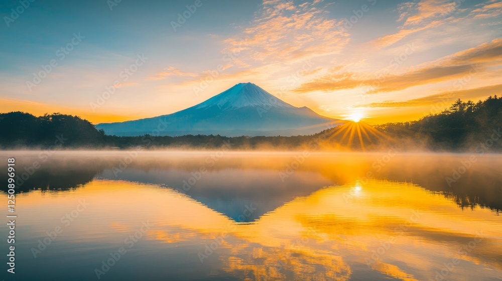 Obraz premium Majestic Sunrise Over Mount Fuji Reflecting in Calm Lake Waters