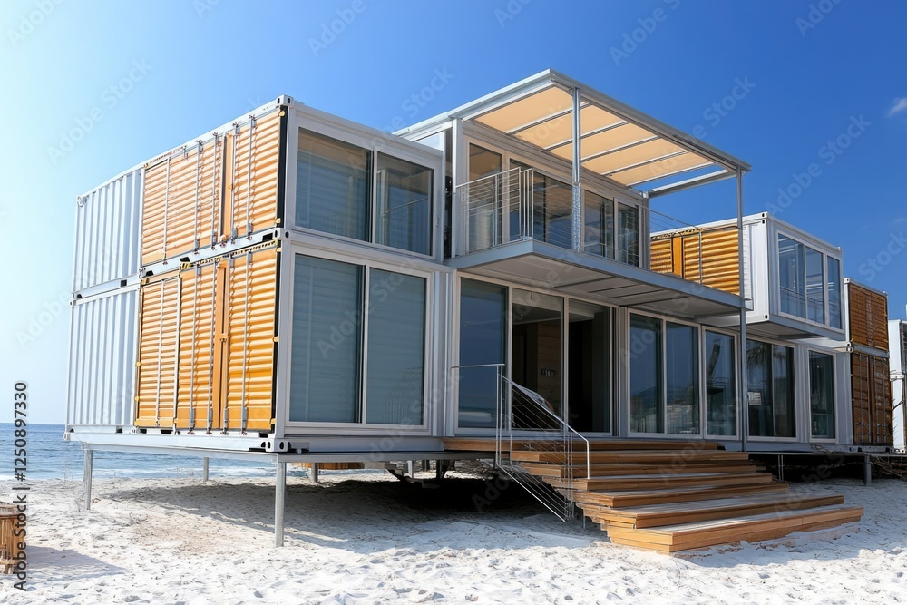 A modern home made from shipping containers placed on the beach, surrounded by natural surroundings A modern home made from shipping containers placed on the beach, surrounded by natural surroundings