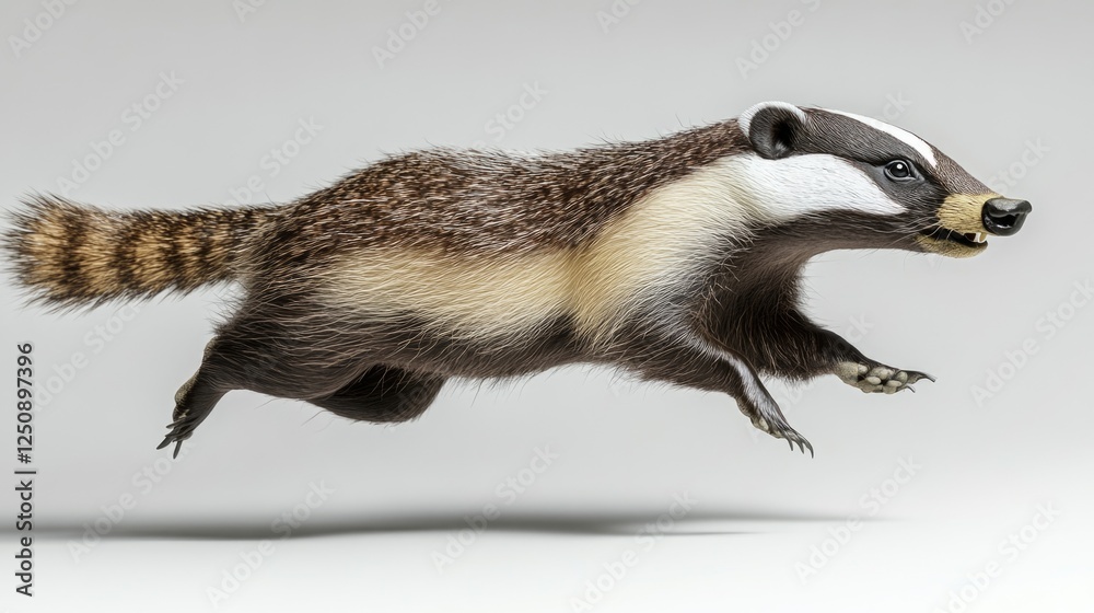 A badger leaping into the air with its mouth open, capturing a moment of playfulness