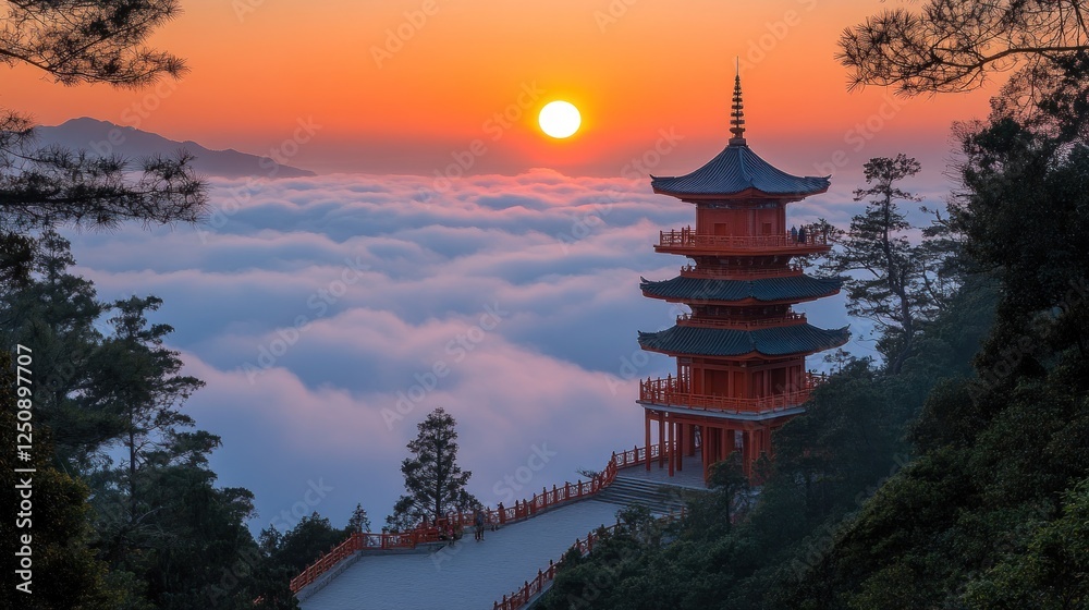 Obraz premium Sunset Pagoda, Mountaintop Cloudscape, Asia