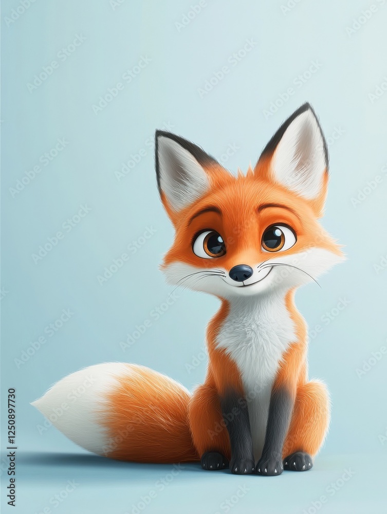 Fototapeta premium A playful cartoon fox with big expressive eyes and a fluffy tail, sitting on a light blue background, with ample copy space for text or branding