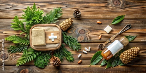 First Aid Kit with Natural Elements on Rustic Wooden Background
