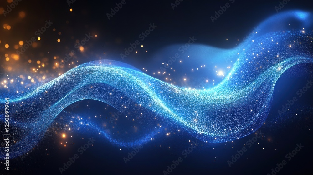 Fototapeta premium Abstract glowing blue wave with golden particles on dark background.