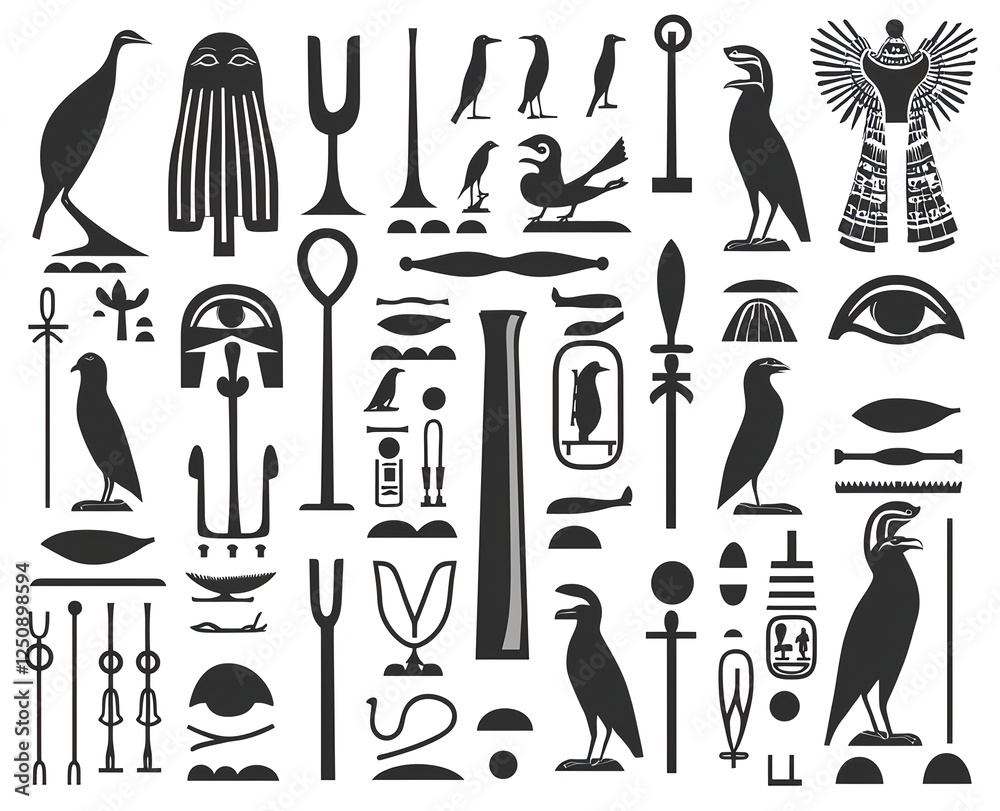 Obraz premium Ancient Egyptian hieroglyph icons with gods, ankh and scarab symbols