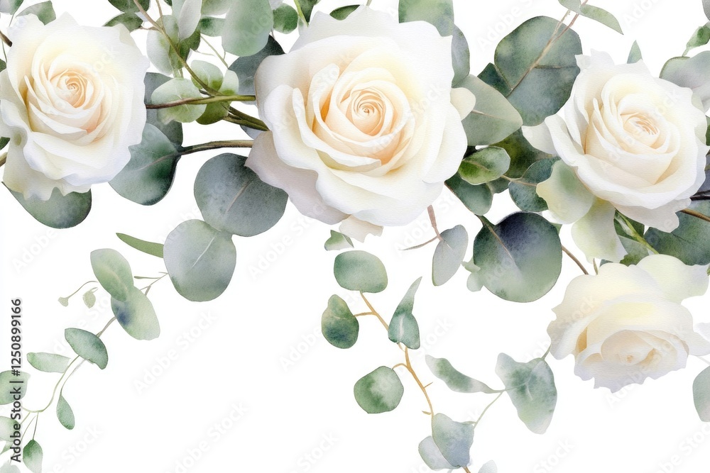 Fresh white roses and eucalyptus leaves arranged in a beautiful bouquet Fresh white roses and eucalyptus leaves arranged in a beautiful bouquet