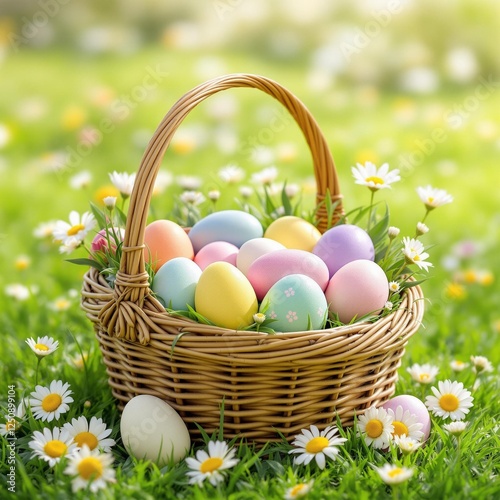 A beautifully arranged wicker basket filled with pastel-colored Easter eggs, sitting on dewy green grass, surrounded by daisies and small butterflies, capturing the essence of a peaceful spring mornin photo