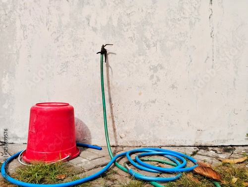 A red bucket covered upside down is in front of a white wall with a colorful tap and water hose outdoors in the morning sun.
