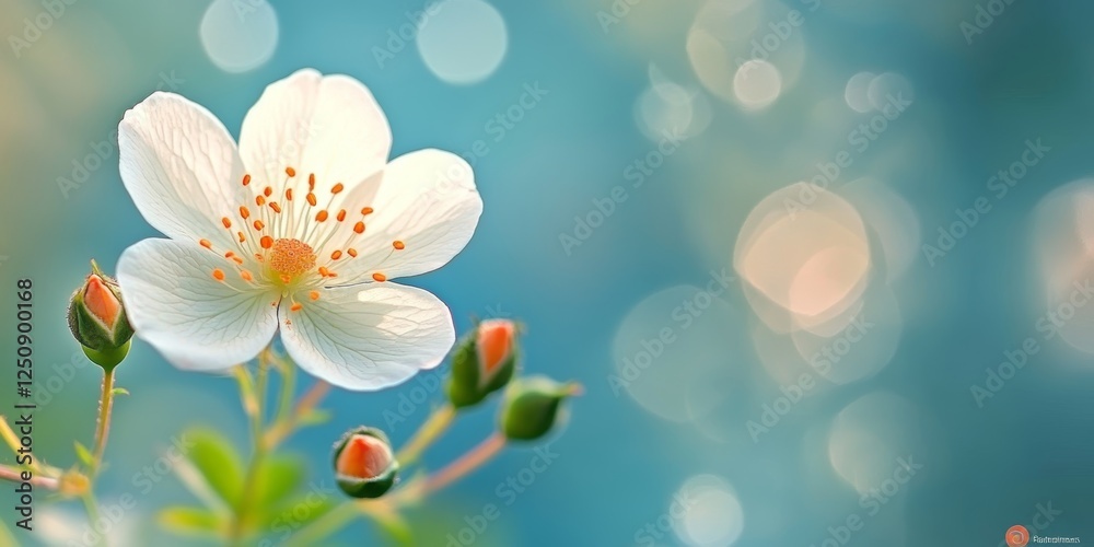 Obraz premium Elegant White Wild Rose Flower With Orange Center, Green Leaves And Buds, Shallow Depth Of Field
