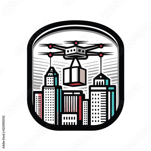 Create a vibrant vector illustration of a drone swiftly delivering a package to a customer's location, showcasing futuristic technology and efficient delivery services.