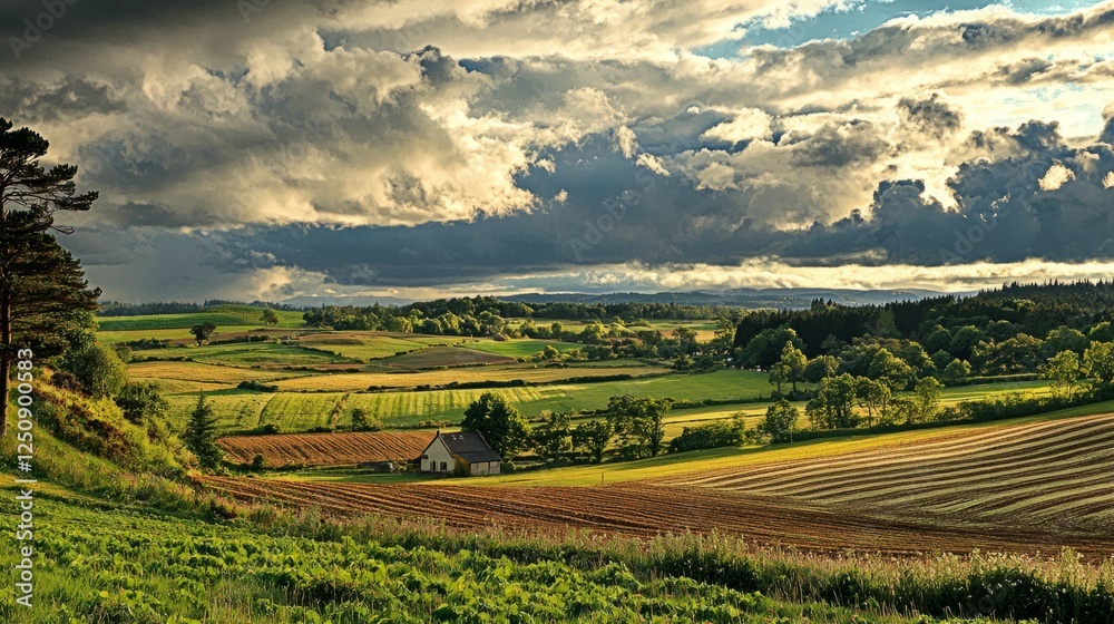 Obraz premium Serene Landscape with Rolling Fields Under Dramatic Cloudy Sky