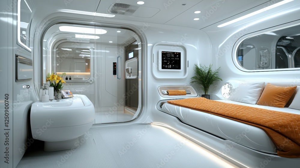 Innovative Smart Bathroom Featuring Futuristic Minimalist Design and Cutting Edge Technology This state of the art bathroom showcases a sleek Innovative Smart Bathroom Featuring Futuristic Minimalist Design and Cutting Edge Technology This state of the art bathroom showcases a sleek
