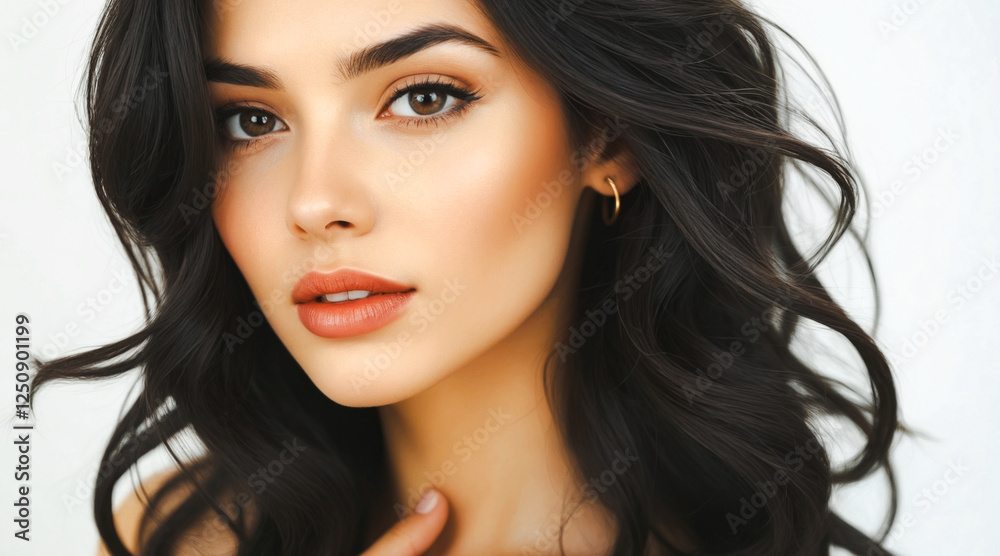 Stunningly beautiful young brunette with long curly hair with big eyes posing in front of the camera. Close-up portrait.