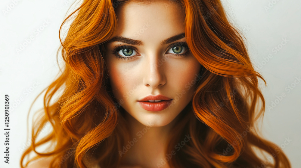 Fototapeta premium Portrait of a supermodel with red hair directly looking into the camera with her beautiful big eyes.