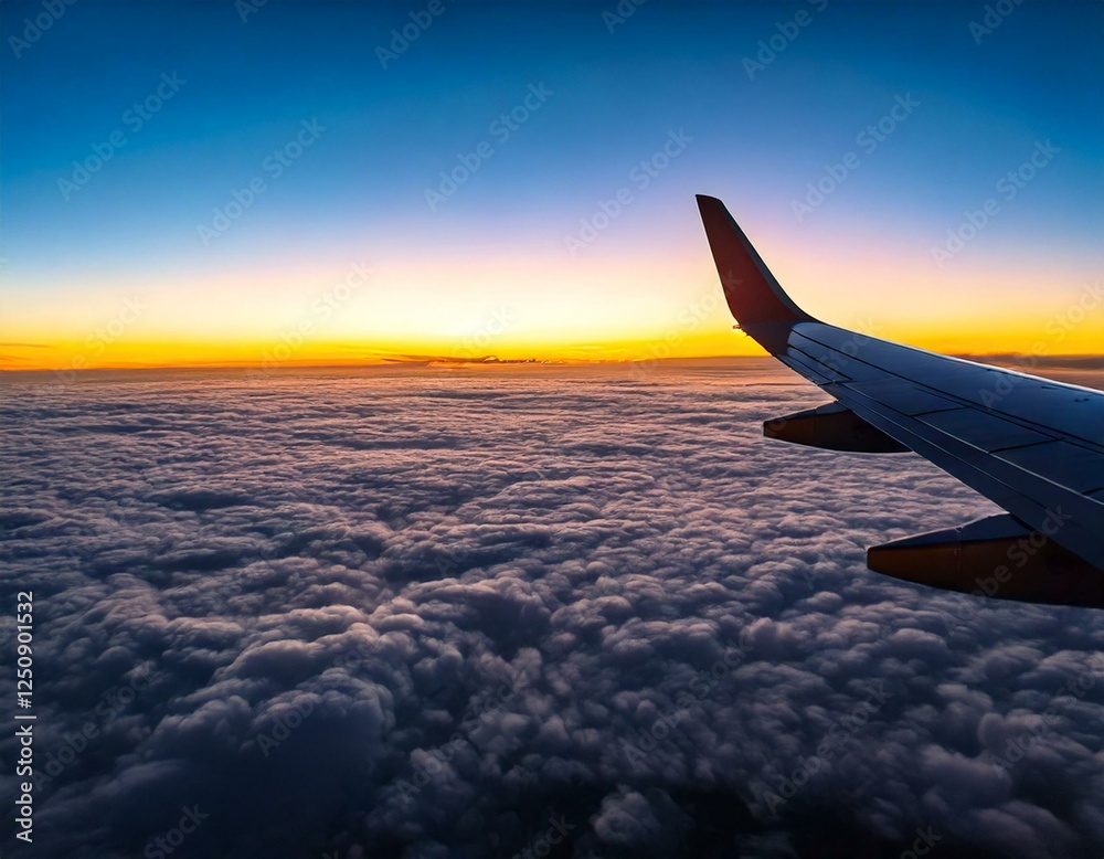 Obraz premium Airplane Wing Above the Clouds at Sunset Generated image