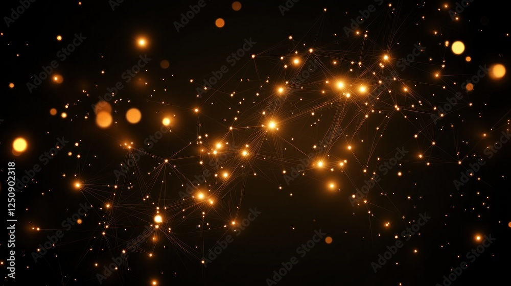 Fototapeta premium Abstract glowing network of interconnected nodes and particles on a dark background.