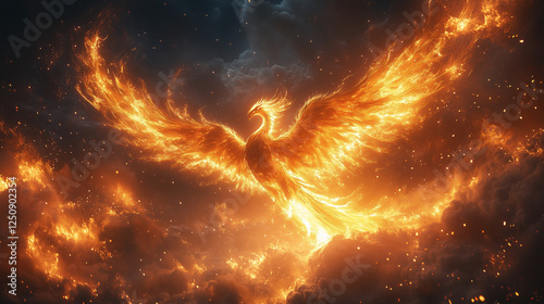 Mythical phoenix rising from flames, highly detailed feathers, golden and red tones, dramatic lighting