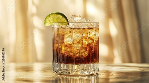 drinks coffee fizzy concept. Refreshing cocktail in a glass with ice and a lime slice, set against a warm, glowing background.
