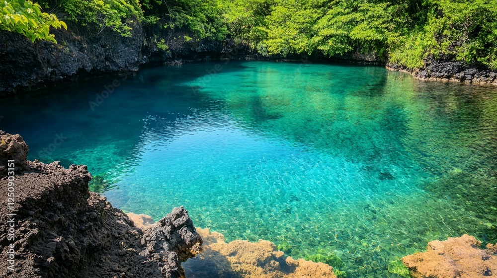Serene Tropical Lagoon with Crystal Clear Water and Lush Foliage Serene Tropical Lagoon with Crystal Clear Water and Lush Foliage