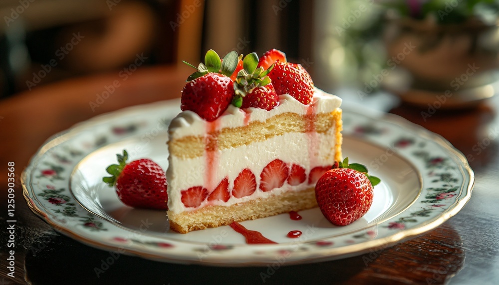 Delicious Strawberry Cream Cake Slice with Fresh Strawberries and Whipped Cream on Vintage Plate Delicious Strawberry Cream Cake Slice with Fresh Strawberries and Whipped Cream on Vintage Plate