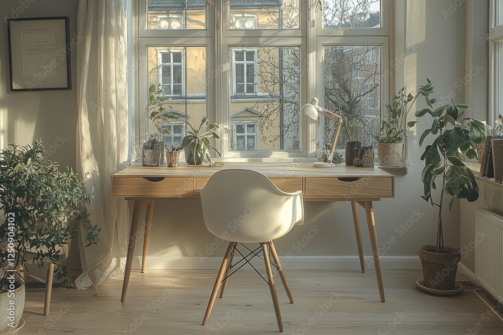 Fototapeta premium Sunlit Home Office Workspace With Plants and Desk