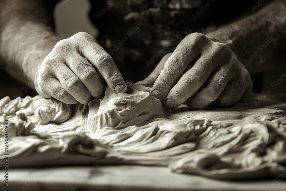 A sculptor's hands meticulously shape a clay sculpture, adding fine details and texture. A sculptor's hands meticulously shape a clay sculpture, adding fine details and texture.