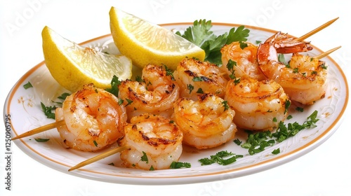 Grilled shrimp skewers with lemon garnish. photo