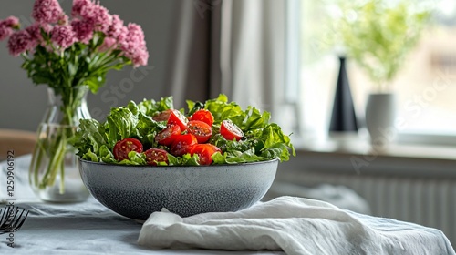 Wallpaper Mural Fresh Green Salad with Cherry Tomatoes in a Modern Dining Setting with Flowers and Natural Light Torontodigital.ca