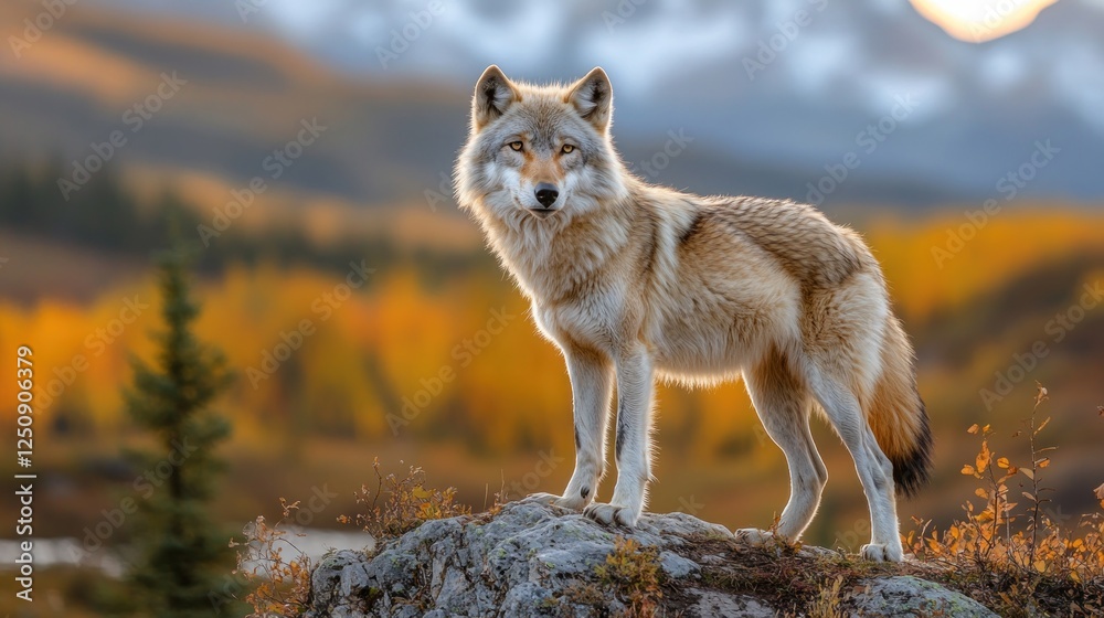 Obraz premium Majestic wolf standing on rock, autumn mountains