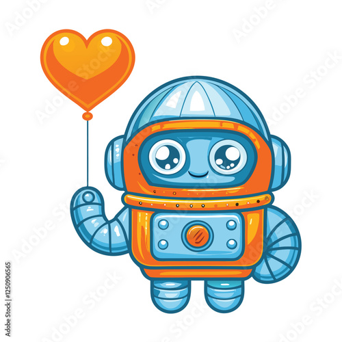 Create a vector illustration of a retro-style robot, charmingly designed, holding a heart.  The robot should have a friendly, vintage aesthetic.