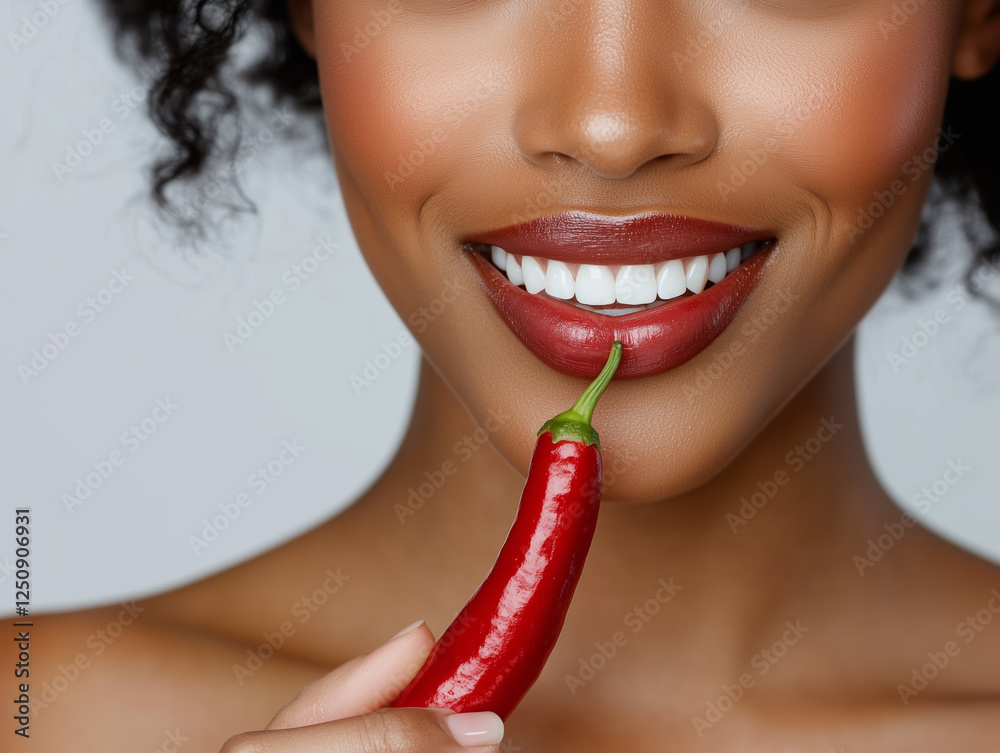 Close up Portrait Of Woman Smiling With Chili Pepper Close up Portrait Of Woman Smiling With Chili Pepper