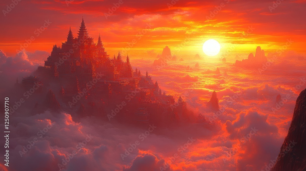 Fototapeta premium Sunset Temple Cloudscape Fantasy Art