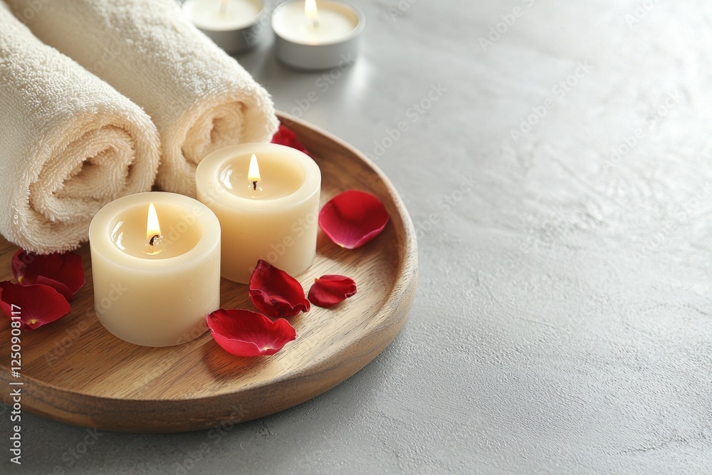 Serene spa setting featuring lit candles and rolled towels on a wooden tray, surrounded by red rose petals. Soft lighting enhances the tranquil atmosphere, ideal for relaxation and meditation