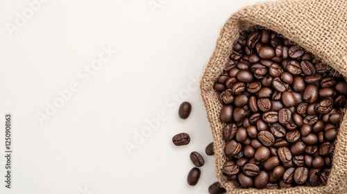 Bag of coffee beans with textured burlap sack on a white background for product display